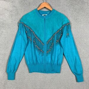 Vintage Miller Jacket Women's Small Turquoise‎ Suede Fringe Western Boho Sweater